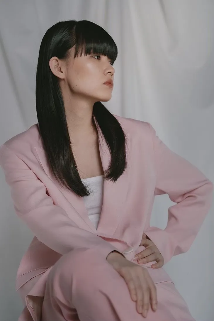 wide full bang × black hair